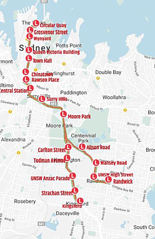 Sydney light rail map show the Randwick spur.