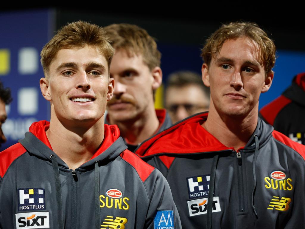 Gold Coast debutants Will Graham and Sam Clohesy on Sunday. Picture: Dylan Burns/AFL Photos