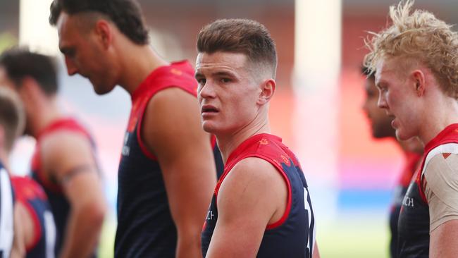 Bayley Fritsch and the Demons leave the field after losing to the Bulldogs. Picture: Chris Hyde/Getty Images