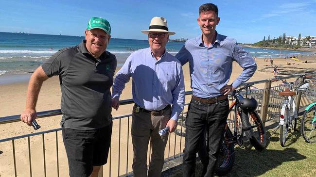 Bicycle Queensland advocacy and policy manger Andrew Demack, Sunshine Coast Council mayor Mark Jamieson and Transport and Main Roads Minister Mark Bailey meet to announce the next stage of the Mooloolaba to Maroochydore Cycleway. Picture: Eden Boyd