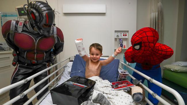 Marvel characters Ant-Man and Spider-Man with Leo Mack, 3. Picture: Alex Coppel