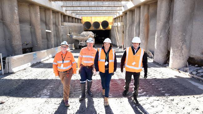 Central Coast workers Melinda Kelly, Mick Schwensen &amp; Rebecca Grant with parliamentary secretary to the Central Coast Scott McDonald at the Northconnex Tunnel project in West Pennant Hills.