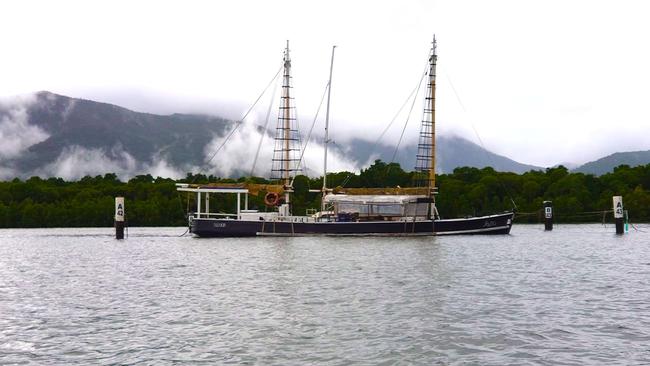 The historic pearling lugger Falla low in the water before sinking on her moorings at Trinity Inlet on March 23, 2024. Picture: Alan Stark