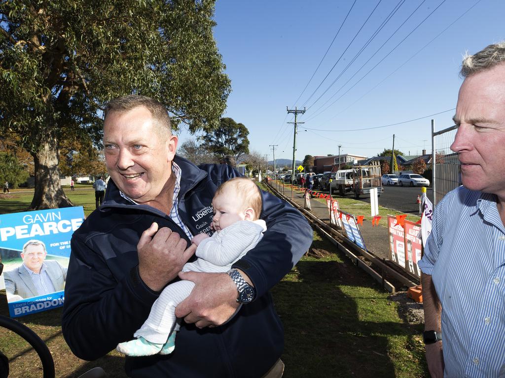 Braddon Liberal candidate Gavin Pearce, Elvie Cooper (8weeks old) and Tasmanian Premier Will Hodgman at Ulverstone. PICTURE CHRIS KIDD