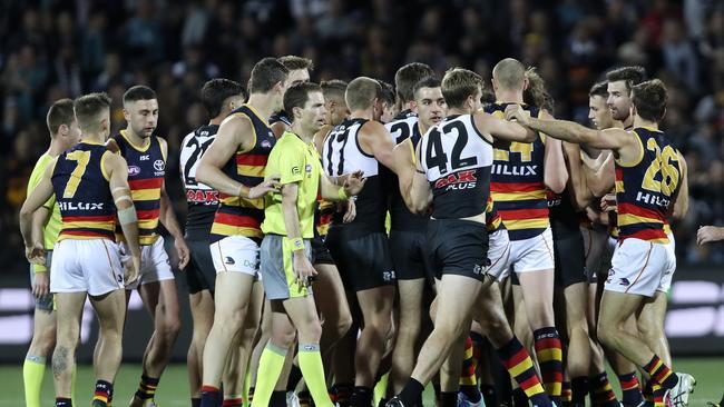 Tempers flare at three-quarter time of Saturday’s Showdown. Picture: Sarah Reed