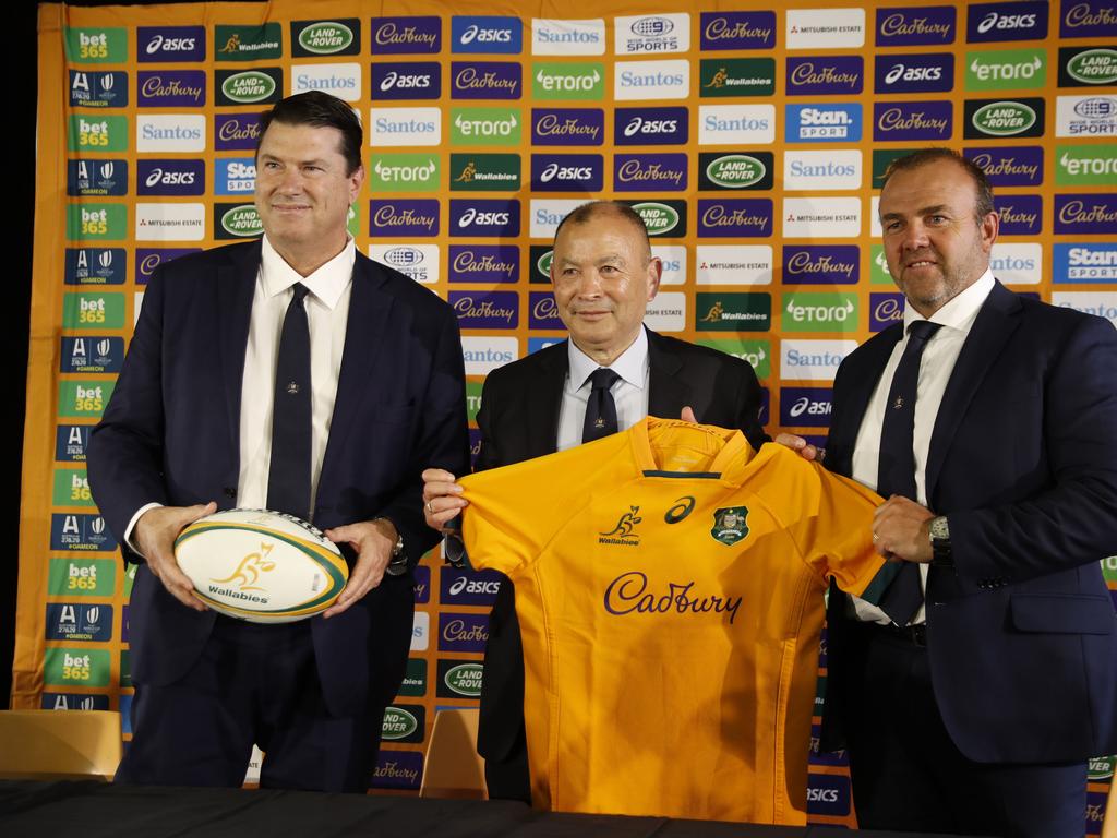 Hamish McLennan (left) and Eddie Jones (centre) have eroded any goodwill that Rugby Union had left in Australia. Picture: Tim Hunter.