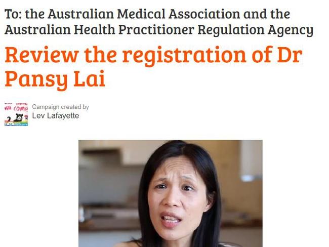 The petition on www.communityrun.org regarding Dr Pansy Lai. Picture: Supplied