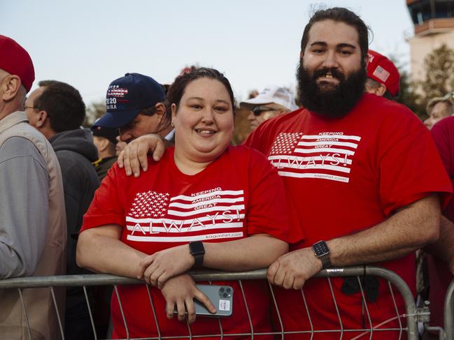 Trump fans Shelley Campbell and Jacob Huffman at Hickory Airport. Picture: Angus Mordant