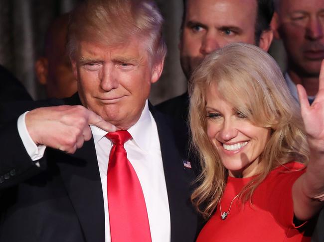 NEW YORK, NY - NOVEMBER 09: Republican president-elect Donald Trump along with his campaign manager Kellyanne Conway acknowledge the crowd during his election night event at the New York Hilton Midtown in the early morning hours of November 9, 2016 in New York City. Donald Trump defeated Democratic presidential nominee Hillary Clinton to become the 45th president of the United States.   Mark Wilson/Getty Images/AFP == FOR NEWSPAPERS, INTERNET, TELCOS & TELEVISION USE ONLY ==