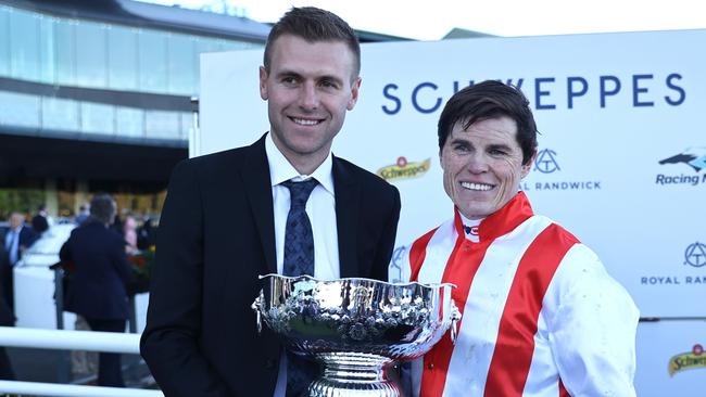 Craig Williams and Clayton Douglas after Giga Kick brilliantly won the All Aged Stakes. Picture: Jeremy Ng–Getty Images