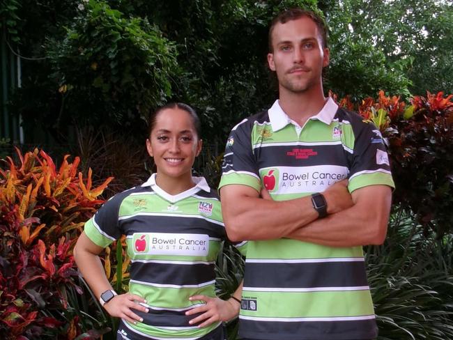 Todd McManus and Courtney Tamati model Darwin Dragons' Bowel Cancer Awareness jerseys.