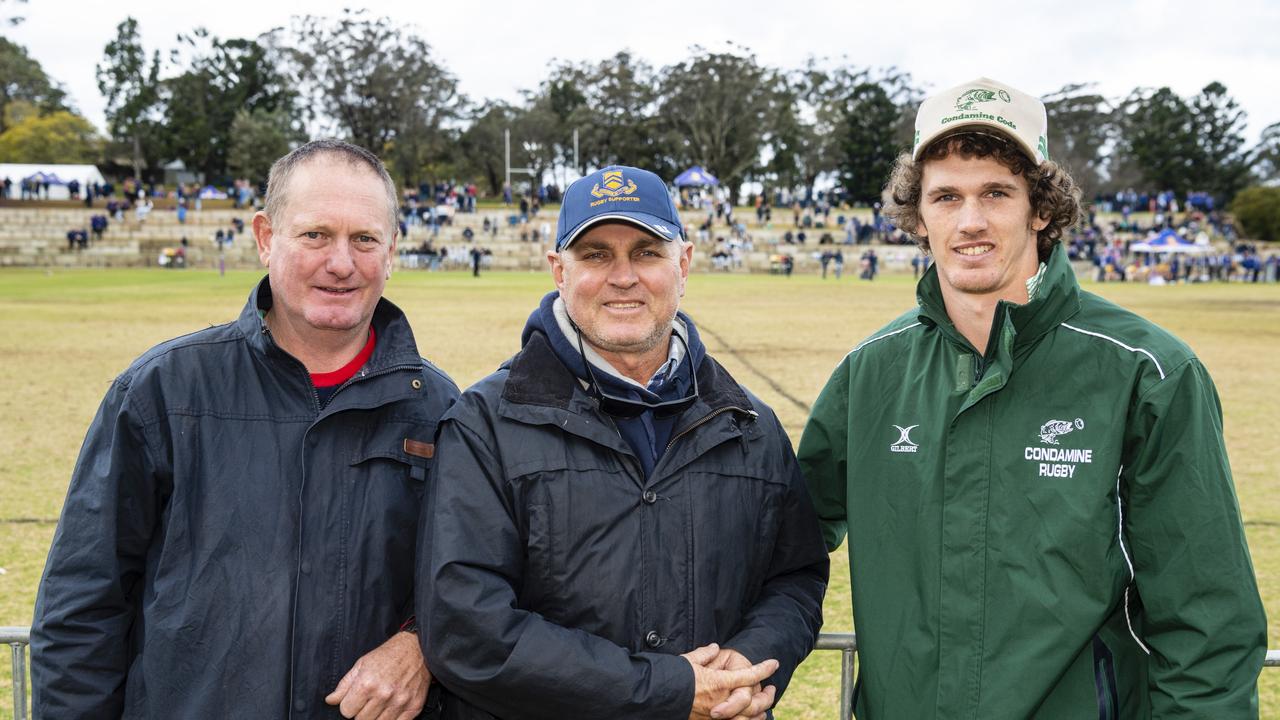 At O'Callaghan Cup Grammar Downlands Day are (from left) Russell Gore, Cameron Saal and Tom Gore at Downlands College, Saturday, August 6, 2022. Picture: Kevin Farmer