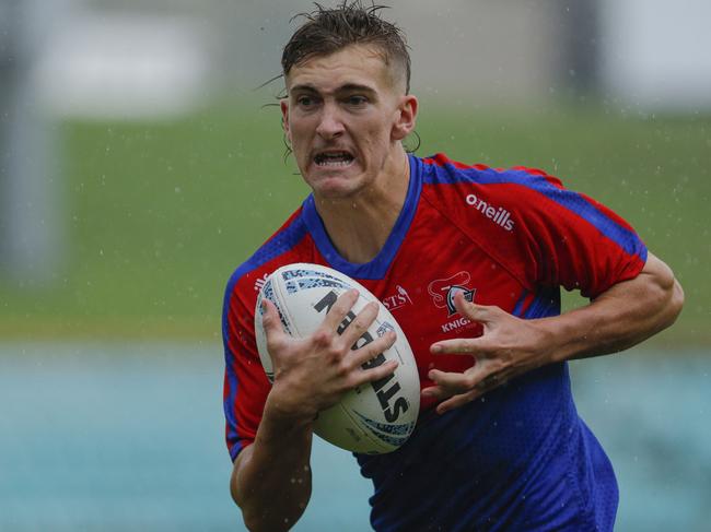 Newcastle Knights SG Ball fullback Fletcher Sharpe scored six tries in their 70-point rout of the Dragons earlier this season. Picture: Bryden Sharp/NSWRL