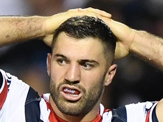 James Tedesco of the Roosters reacts during the Round 13 NRL match between the Penrith Panthers and the Sydney Roosters at Panthers Stadium in Sydney, Sunday, June 9, 2019. (AAP Image/Joel Carrett) NO ARCHIVING, EDITORIAL USE ONLY