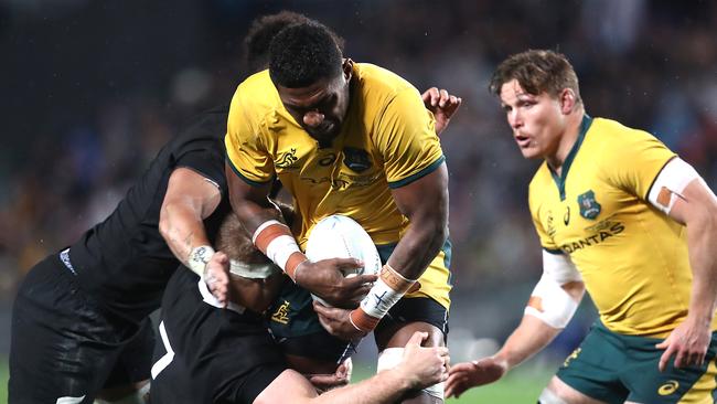 Isi Naisarani of the Wallabies is tackled during the Bledisloe Cup Test match between the New Zealand All Blacks and the Australian Wallabies at Eden Park.