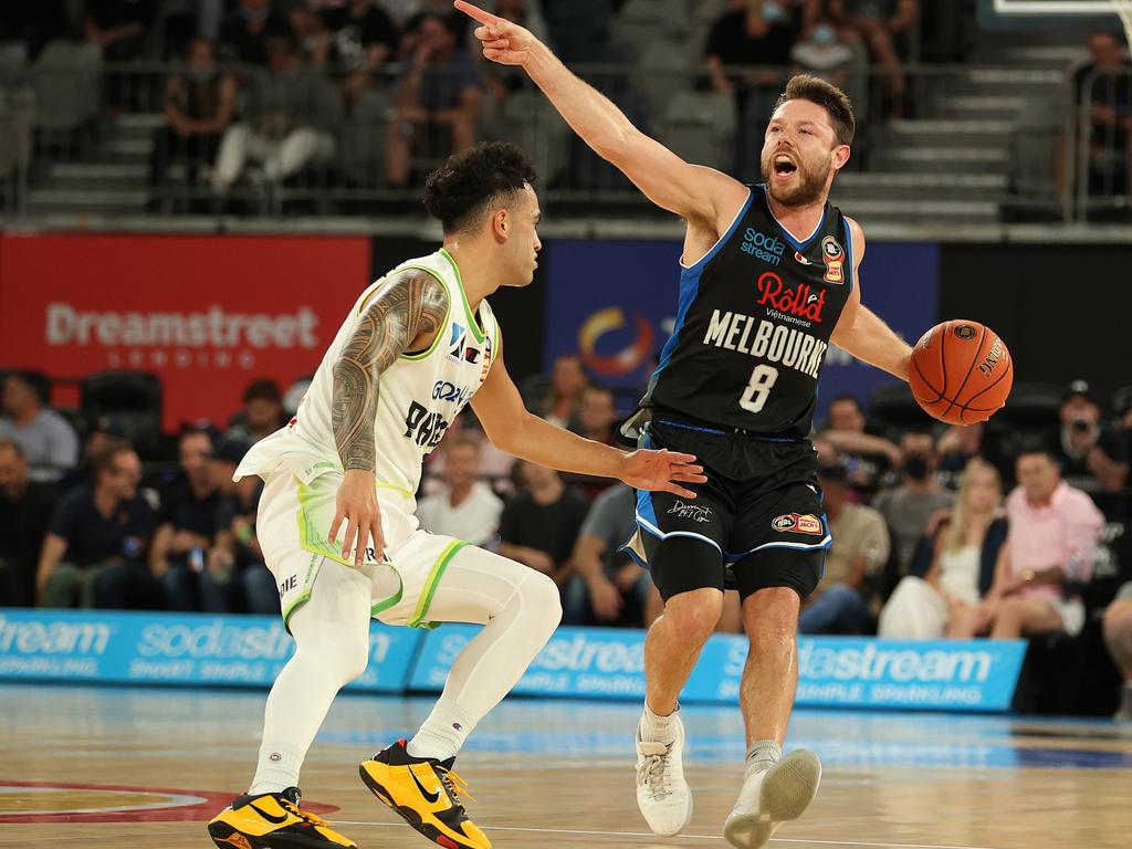 United guard Matthew Dellavedova directs traffic. Picture: Getty Images