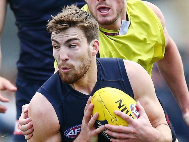 MELBOURNE, AUSTRALIA - SEPTEMBER 01:  Jack Viney of the Demons, back in full training for the first time since injury, gathers the ball from Angus Brayshaw during a Melbourne Demons AFL training session at Gosch's Paddock on September 1, 2018 in Melbourne, Australia.  (Photo by Michael Dodge/Getty Images)