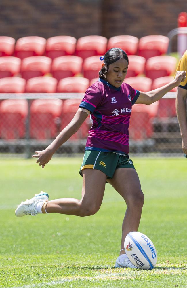 Star Medland kicks off for Bears against University in a club game as Downs Rugby host Next Gen 7s at Toowoomba Sports Ground, Saturday, October 12, 2024. Picture: Kevin Farmer