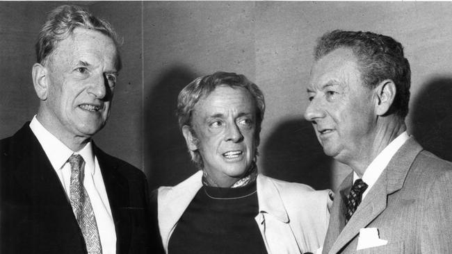 Adelaide Festival of Arts artistic director Sir Robert Helpmann with British composer-conductor Benjamin Britten and English tenor Peter Pears at Adelaide Airport on March 4, 1970.