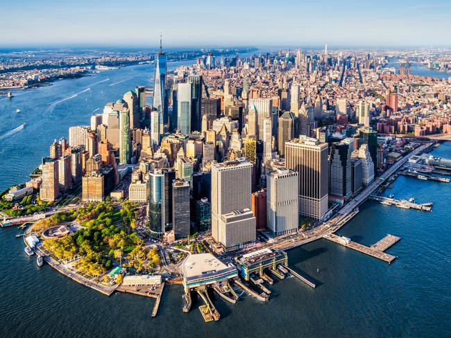 Aerial view of Lower Manhattan at sunset. New York. USA