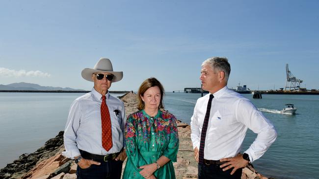 Member for Kennedy Bob Katter, Mt Isa Mayor Peta MacRae and Member for Traegar Robbie Katter at the Breakwater at Ross Creek near the Townsville Port. Picture: Evan Morgan