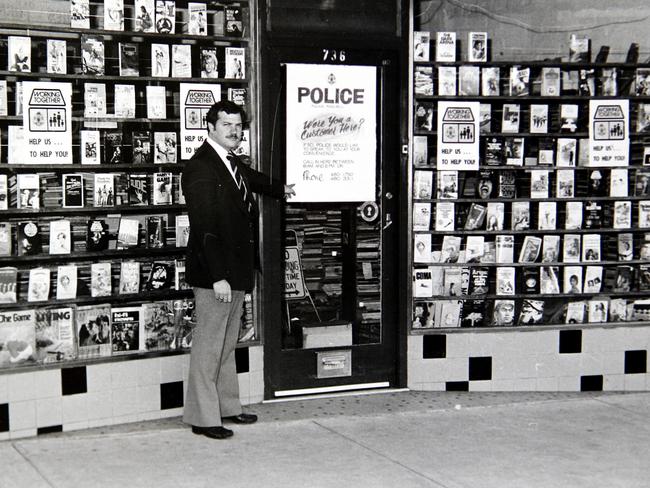 Homicide squad detective Sal Perna outside the Thornbury bookshop at 736 High St Thornbury, where owner Maria James was murdered in 1980.