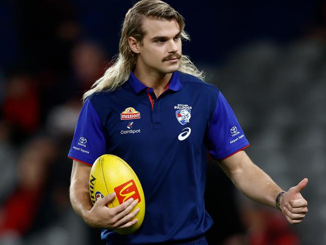 MELBOURNE, AUSTRALIA - APRIL 12: Bailey Smith of the Bulldogs gicves the thumbs up during the 2024 AFL Round 05 match between the Western Bulldogs and the Essendon Bombers at Marvel Stadium on April 12, 2024 in Melbourne, Australia. (Photo by Michael Willson/AFL Photos via Getty Images)