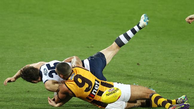 Shaun Burgoyne avoided suspension for this tackle on Geelong’s Patrick Dangerfield.