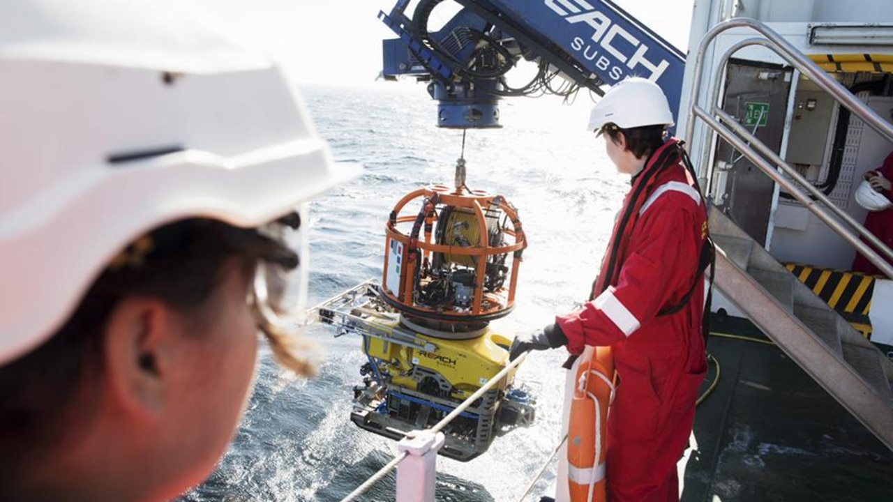 The ROV undersea rover is launched from the Stril Explorer to dive down to the ancient ship on the seabed below. Picture: Deep Sea Productions/MMT