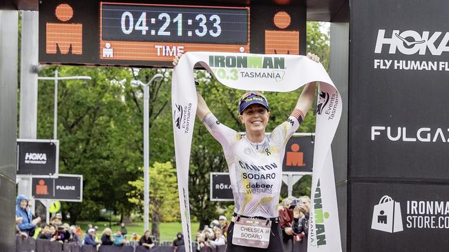 American triathlete Chelsea Sodoro wins the female Ironman 70.3 Tasmania in Hobart on Sunday 4th February 2024. Picture: Linda Higginson