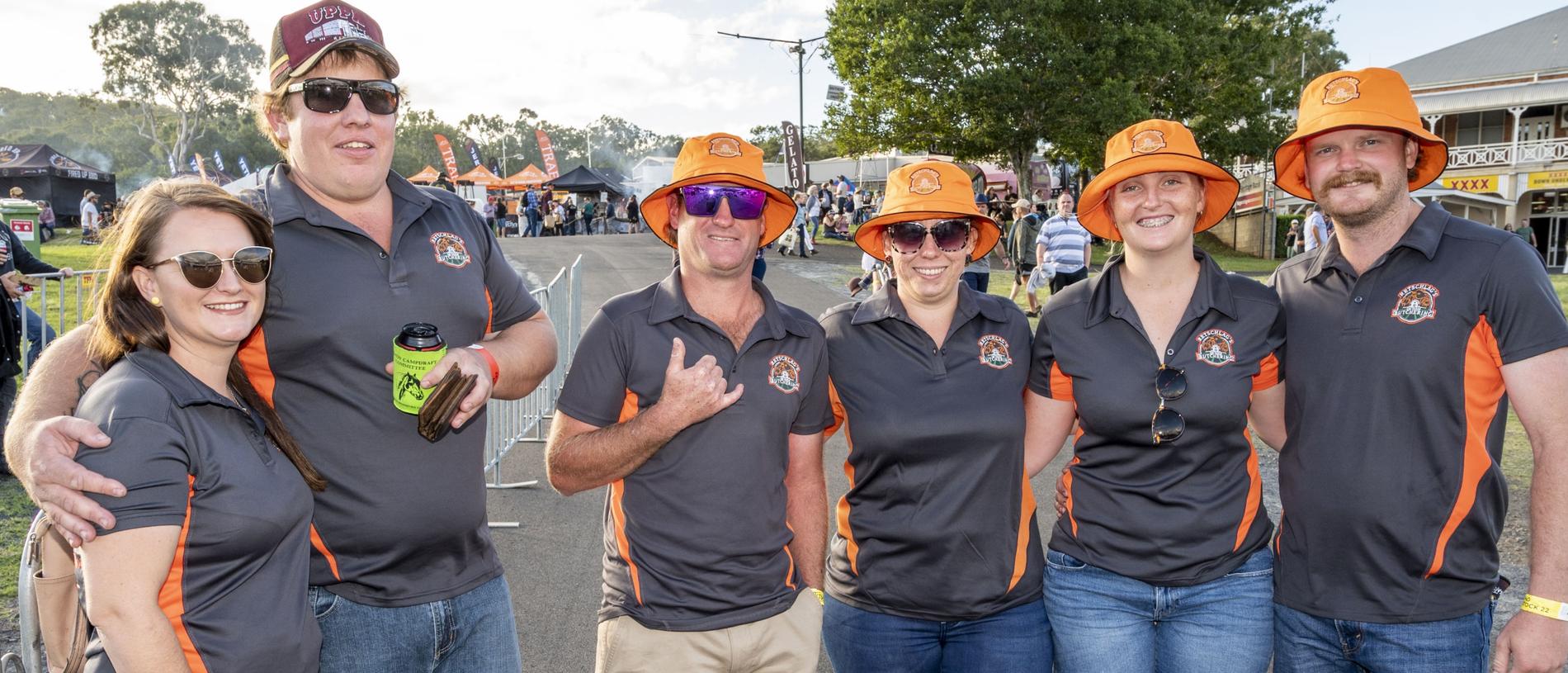 (from left) Alicia Brown, Scott Trace, Josh Retschlag, Bree Retschlag, Courtney Retschlag and Bradley Beutel at Meatstock, Toowoomba Showgrounds. Friday, April 8, 2022. Picture: Nev Madsen.