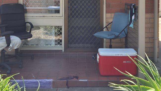 Blood stains on the porch of the alleged victim’s Renown Park home. Picture: Dasha Havrilenko