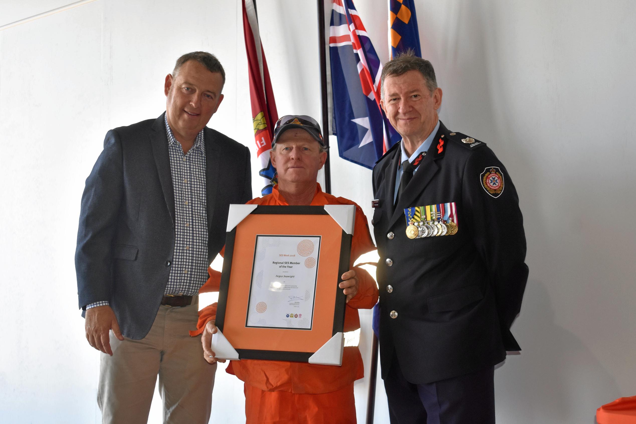 Tyson Golder, Fergus Seawright of the Wallumbilla SES, and Rob Bundy. Picture: Jorja McDonnell