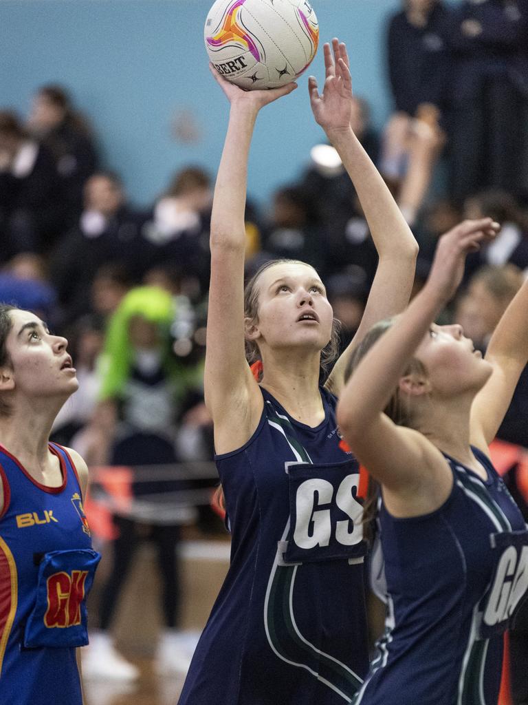 Eloise English of St Ursula's Junior B against Downlands Junior B in Merici-Chevalier Cup netball at Salo Centre, Friday, July 19, 2024. Picture: Kevin Farmer