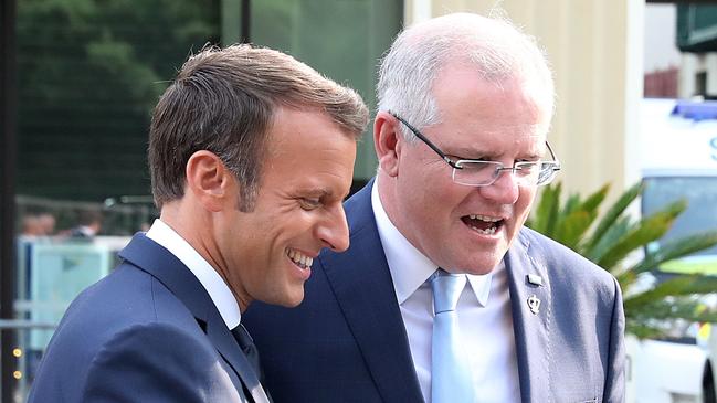 Prime Minister Scott Morrison talks with French President Emmanuel Macron at the G7 Summit in Biarritz in 2019. Picture: Adam Taylor