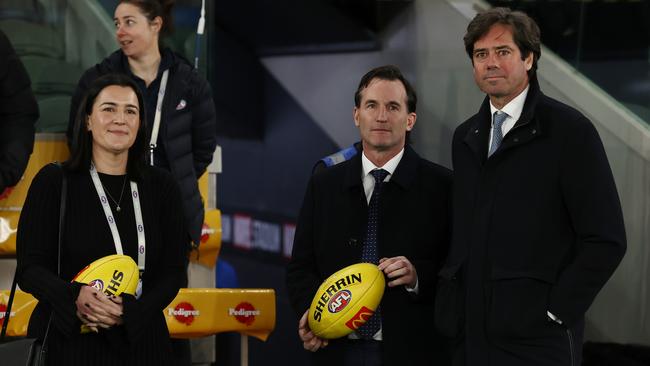 Laura Kane with new AFL CEO Andrew Dillon and Gillon McLachlan. Picture: Michael Klein