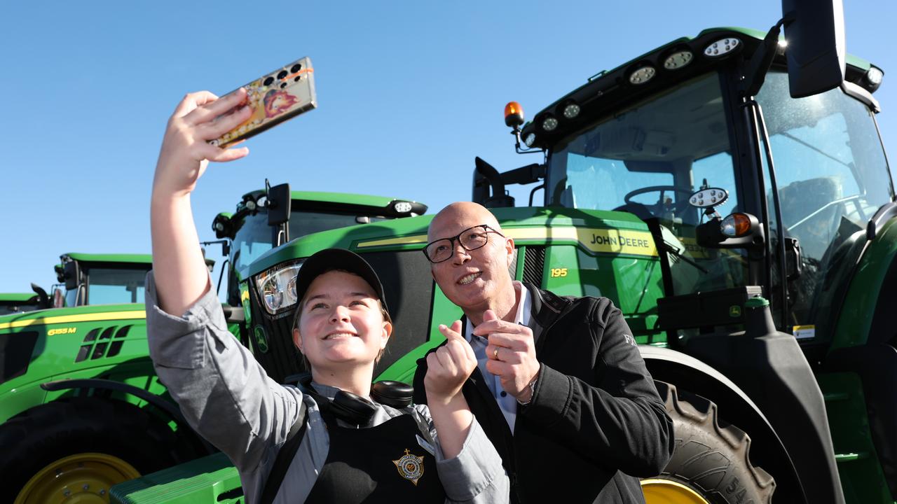 Peter Dutton while on the 2025 federal election campaign trail at AGFEST, Carrick near Launceston, Tasmania. Picture: Adam Head / NewsWire