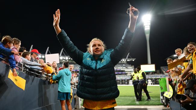 Retiring Matilda Clare Polkinghorne following Australia’s game against Chinese Taipei, which drew more than 30,000 in December last year. Picture: Quinn Rooney/Getty Images.