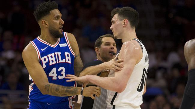 Aussie Jonah Bolden and Net Rodions Rodions Kurucs mix it up before both were ejected. Picture: Getty Images/AFP