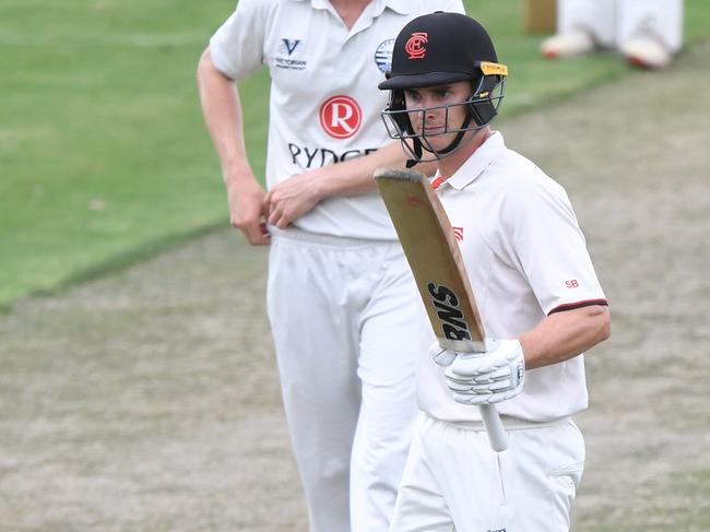 James Seymour of Essendon (right) reacts after reaching 50 runs bats during the Victorian Premier Cricket match between Essendon and Geelong at Windy Hill in Essendon, Saturday, February 1, 2020. (Photo/Julian Smith)