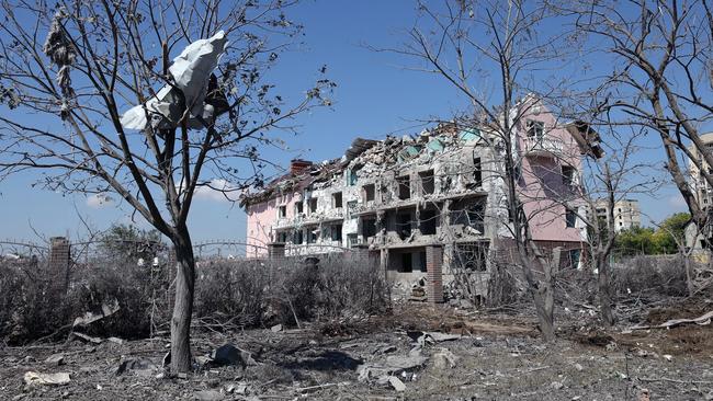 An apartment building in the Ukrainian town of Serhiivka, near Odessa, has been destroyed by a Russian missile strike. Picture: AFP