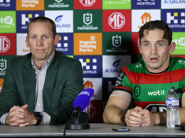 SYDNEY, AUSTRALIA - MAY 02: Cameron Murray of the Rabbitohs and Rabbitohs coach Ben Hornby talk to media following the round nine NRL match between South Sydney Rabbitohs and Penrith Panthers at Accor Stadium, on May 02, 2024, in Sydney, Australia. (Photo by Cameron Spencer/Getty Images)