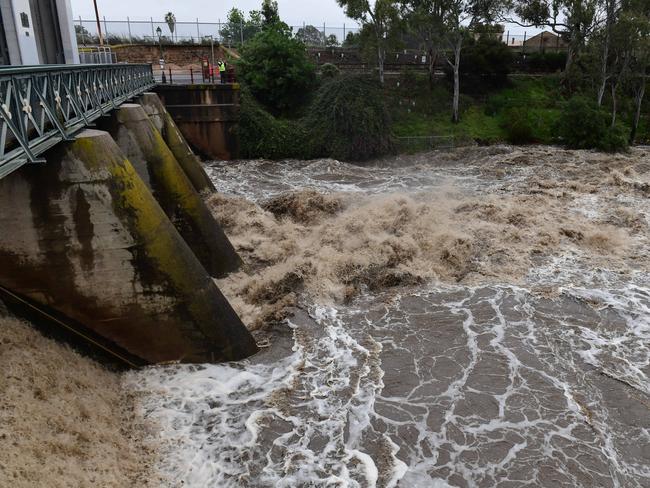 Flooding at the Torrens weir. Picture: Campbell Brodie