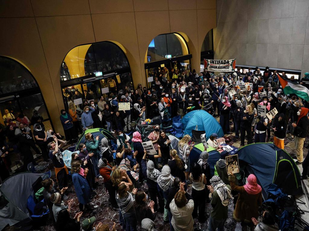 Pro-Palestinian students hold a sit-in at Melbourne University's Arts West building.