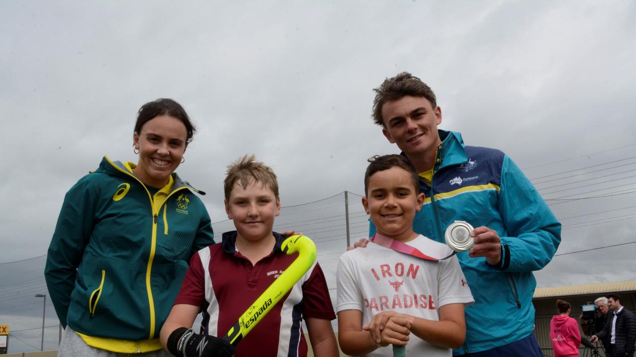 At a Toowoomba Hockey clinic at Clyde Park are (From left) Savannah Fitzpatrick, Lachlan Belanyi, Charles Suey and Tim Howard. Photo: Sean Teuma