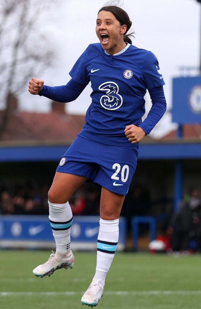 KINGSTON UPON THAMES, ENGLAND - JANUARY 29: Sam Kerr of Chelsea celebrates after scoring the team's third goal and their hat-trick during the Vitality Women's FA Cup Fourth Round match between Chelsea and Liverpool at Kingsmeadow on January 29, 2023 in Kingston upon Thames, England. (Photo by Alex Pantling/Getty Images)