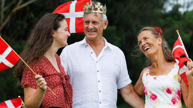 DAILY TELEGRAPH JANUARY 14, 2024 Danish families joined the Coronation Celebrations with a picnic in Kembla Grange near Wollongong today. Pictured is Karina Woodward and her husband John with their daughter Emily, 24. Picture: David Swift