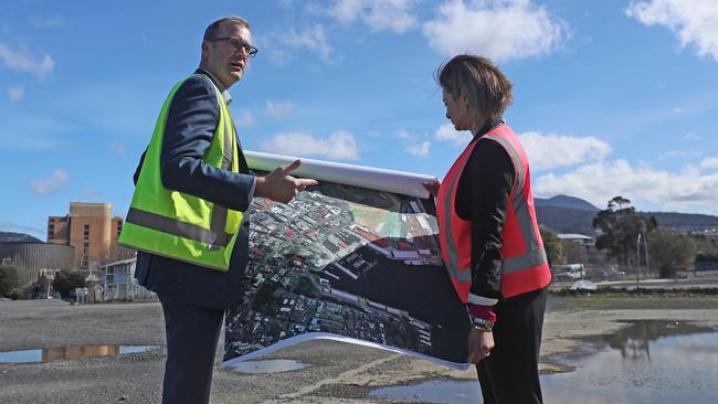 Minister for State Growth Michael Ferguson at Macquarie Point with Macquarie Point Development CEO Mary Massina. Picture: LUKE BOWDEN