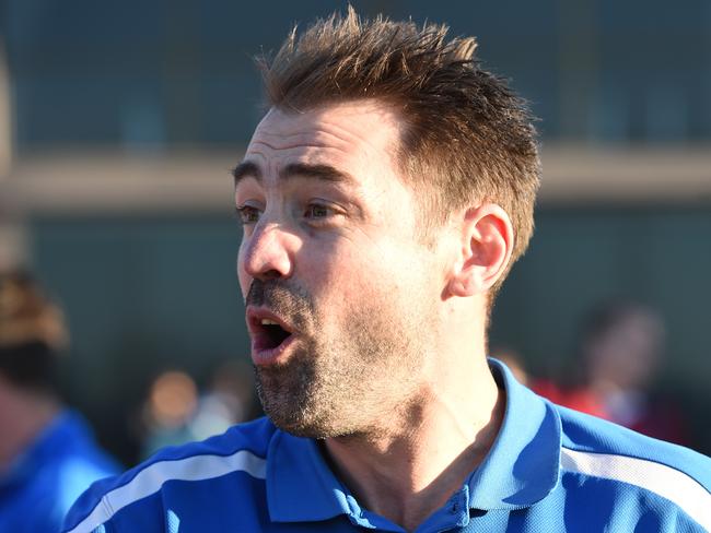 EFL (Division 1): East Ringwood v Doncaster at East Ringwood Reserve, Ringwood East. East Ringwood coach Marcus Buzagio addresses players at 3/4 time.  coach  Picture: Lawrence Pinder