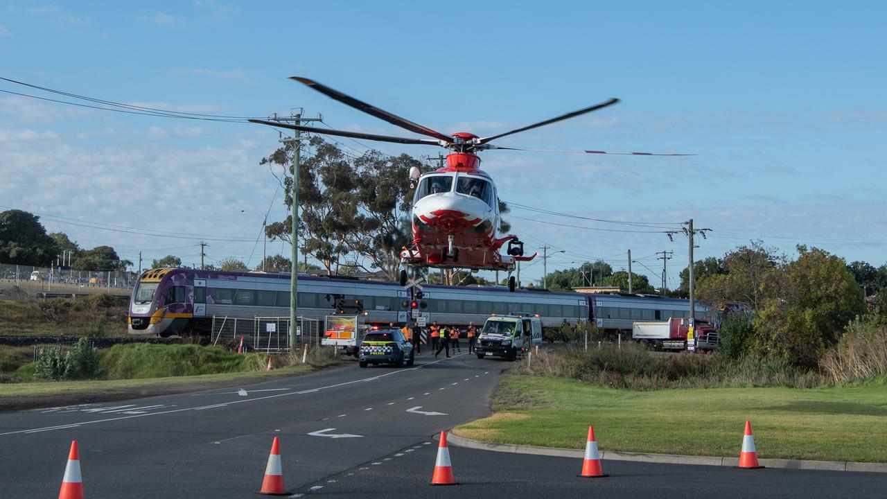 An air ambulance leaving the scene. Picture: Brad Fleet